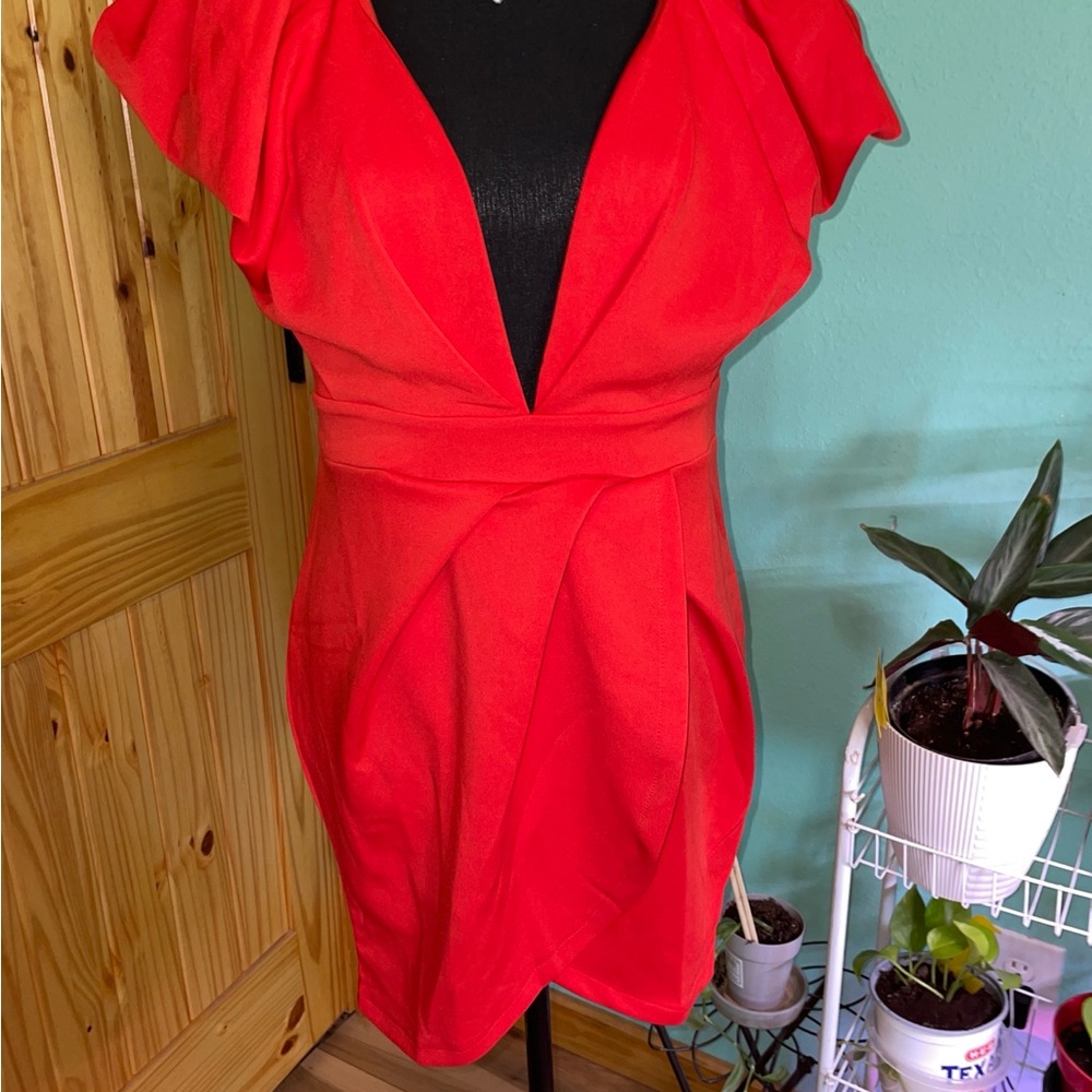 Red V-Neck Cap Sleeve Dress